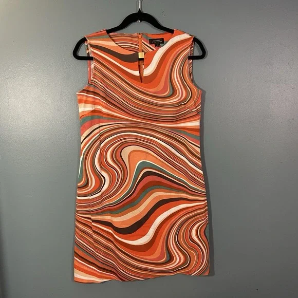 TAHARI Women's 4 Shift Dress Orange Swirls Retro 60's Groovy Sleeveless - Picture 8 of 10